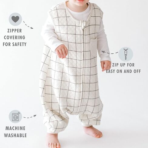 بدلة Tealbee DREAMSUIT: كيس نوم للأطفال الصغار بأقدام 2T 3T - 0.8 TOG بطانية خفيفة الوزن يمكن ارتداؤها للأطفال للمشاة - الخيزران، كيس نوم من القطن العضوي - مربعات in Kuwait