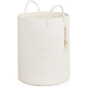 سلة غسيل بيضاء من جودبيك بمقابض، سلة غسيل منسوجة طويلة للملابس والمناشف والوسائد والألعاب وسلة بطانية مزخرفة لغرفة المعيشة وغرفة النوم وغرفة اللعب، 16 × 20 بوصة in Kuwait