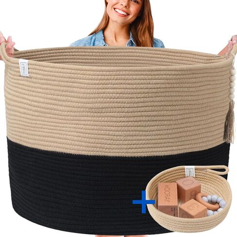 Huddle XXXXL WASHABLE Jumbo 125L Blanket Basket for Living Room, Toys, Baby | Woven Decorative Cotton Rope Big Basket+Mini Basket for Nursery, Dog Toys, Storage, Organization Bins 24x17in Grey & White in Saudi Arabia