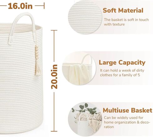 Goodpick Tall Wicker Laundry Basket with Handles, Boho Decorative Storage Basket for Living Room, Bedroom, Entryway, Bathroom, Large Woven Blanket Basket for Pillows, Towels, Shoes, Jute, 16" x 20" in Kuwait