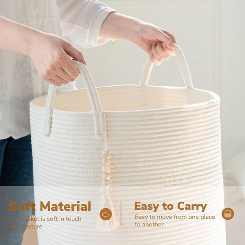 Goodpick Tall Wicker Laundry Basket with Handles, Boho Decorative Storage Basket for Living Room, Bedroom, Entryway, Bathroom, Large Woven Blanket Basket for Pillows, Towels, Shoes, Jute, 16" x 20" in Kuwait