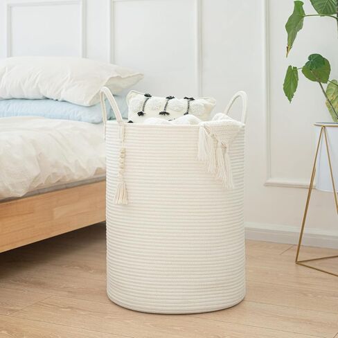 Goodpick Tall Wicker Laundry Basket with Handles, Boho Decorative Storage Basket for Living Room, Bedroom, Entryway, Bathroom, Large Woven Blanket Basket for Pillows, Towels, Shoes, Jute, 16" x 20" in Kuwait