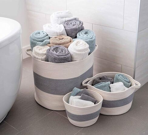 LITTLE HIPPO 3 Pcs Big Blanket Basket Living Room - (21"x16") Extra Large Rope Woven Baskets for Storage | 100% Natural Cotton Decorative Toy Basket with Handles | Boho Laundry Basket for Floor in Kuwait