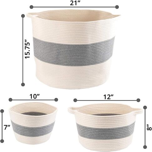 LITTLE HIPPO 3 Pcs Big Blanket Basket Living Room - (21"x16") Extra Large Rope Woven Baskets for Storage | 100% Natural Cotton Decorative Toy Basket with Handles | Boho Laundry Basket for Floor in Kuwait
