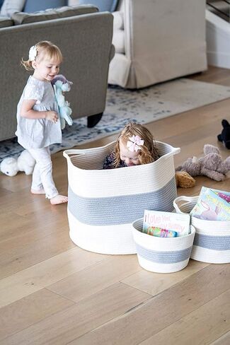LITTLE HIPPO 3 Pcs Big Blanket Basket Living Room - (21"x16") Extra Large Rope Woven Baskets for Storage | 100% Natural Cotton Decorative Toy Basket with Handles | Boho Laundry Basket for Floor in Kuwait