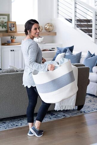 LITTLE HIPPO 3 Pcs Big Blanket Basket Living Room - (21"x16") Extra Large Rope Woven Baskets for Storage | 100% Natural Cotton Decorative Toy Basket with Handles | Boho Laundry Basket for Floor in Kuwait