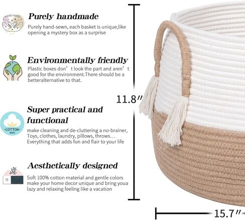 Small Basket for Stuffed Animal,Clothes,Baby Blankets -11.8"x9.8"- Boho Baskets for Living Room,Bedroom,Nursery |Cotton Rope Baskets, Cube Basket, Under Shelf Basket | Baskets for Home Decor in Kuwait