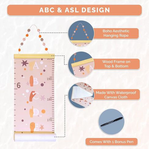 مخطط النمو للأطفال مع قلم | مخطط ارتفاع قماشي معلق بطول 6.5 أقدام للأطفال يتميز بتصميم Boho ABC وASL | مخطط نمو الأطفال للجدار في الحضانة أو غرفة النوم أو غرفة اللعب | قياس الارتفاع للجدار in Saudi Arabia