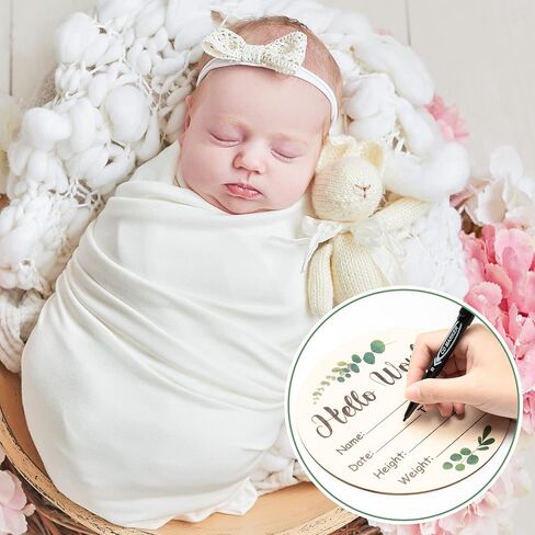 R HORSE Baby Birth Announcement Sign with Marker Pen, Boho Sun Baby Name Sign with Ink Pad for Hand and Footprints, Wooden Hello World Newborn Announcement Nursery Decor Keepsake Gifts in Saudi Arabia