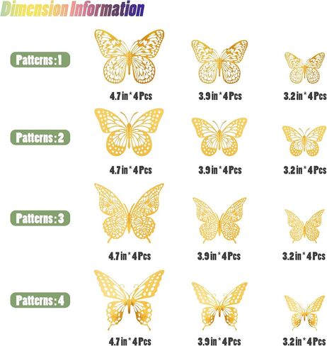 SAOROPEB 3D Butterfly Wall Decor - 48 Pcs, 4 Styles, 3 Sizes, Gold Butterfly Decorations for Birthday & Party Celebrations, Removable Stickers in Saudi Arabia