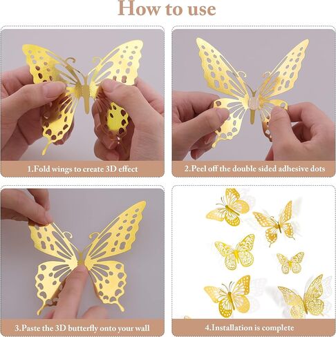 SAOROPEB 3D Butterfly Wall Decor - 48 Pcs, 4 Styles, 3 Sizes, Gold Butterfly Decorations for Birthday & Party Celebrations, Removable Stickers in Saudi Arabia