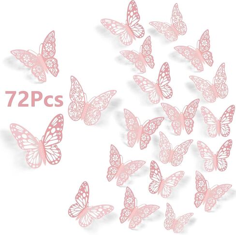 SAOROPEB 3D Butterfly Wall Decor, 72Pcs Butterfly Stickers, Pink | 3 Sizes 3 Styles, Pink Butterfly Decorations Removable for Room Decor Party Balloon Cake Decoration Flower Arrangements in Saudi Arabia