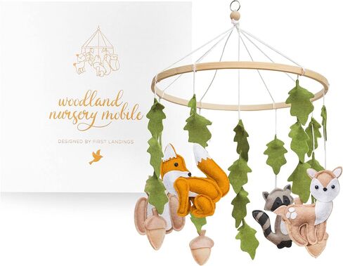 First Landings Woodland Baby Mobile لسرير الأطفال - هواتف محمولة لحضانة الأطفال - موضوع ديكور حضانة Woodland - أشياء أطفال محايدة جنسانيًا - ديكور حضانة حيوانات الغابات - هاتف محمول للأطفال - أشياء أطفال Woodland in Kuwait