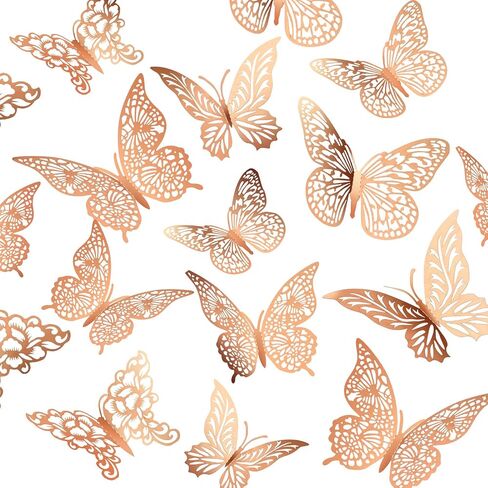 3D Pink Butterfly Wall Decor 3 Sizes 4 Styles Butterfly Party Decorations Cake Decorations Removable Stickers Wall Decor Room Mural Metallic Kids (Pink, 48Pcs) in Saudi Arabia