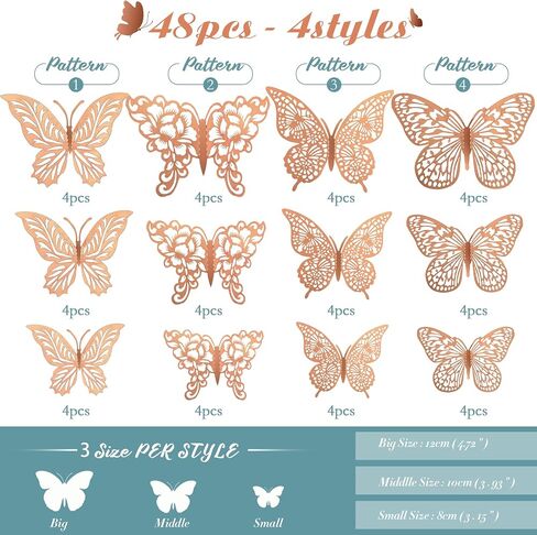 3D Pink Butterfly Wall Decor 3 Sizes 4 Styles Butterfly Party Decorations Cake Decorations Removable Stickers Wall Decor Room Mural Metallic Kids (Pink, 48Pcs) in Saudi Arabia