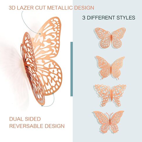 3D Pink Butterfly Wall Decor 3 Sizes 4 Styles Butterfly Party Decorations Cake Decorations Removable Stickers Wall Decor Room Mural Metallic Kids (Pink, 48Pcs) in Saudi Arabia