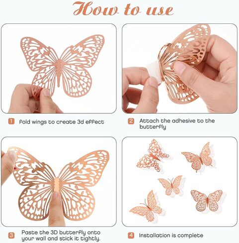 3D Pink Butterfly Wall Decor 3 Sizes 4 Styles Butterfly Party Decorations Cake Decorations Removable Stickers Wall Decor Room Mural Metallic Kids (Pink, 48Pcs) in Saudi Arabia