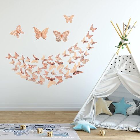 3D Pink Butterfly Wall Decor 3 Sizes 4 Styles Butterfly Party Decorations Cake Decorations Removable Stickers Wall Decor Room Mural Metallic Kids (Pink, 48Pcs) in Saudi Arabia