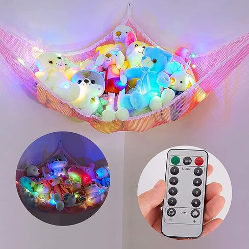 Basumee Stuffed Animals Hammock with LED Light Large Plush Toy Net Organizer Corner Stuffed Animals Storage Hanging Holder for Soft Toys Space-Saving Nursery Playroom Bedroom Decor in Saudi Arabia