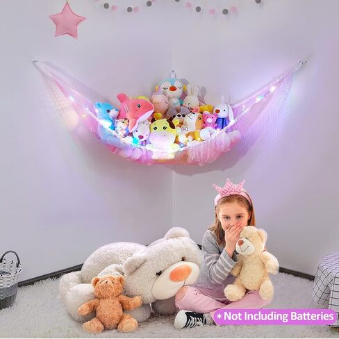 Basumee Stuffed Animals Hammock with LED Light Large Plush Toy Net Organizer Corner Stuffed Animals Storage Hanging Holder for Soft Toys Space-Saving Nursery Playroom Bedroom Decor in Saudi Arabia