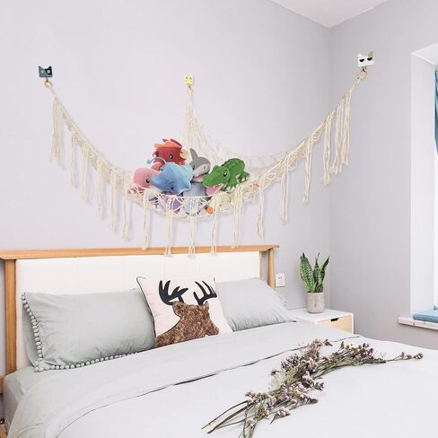 شبكة أو أرجوحة كبيرة للحيوانات المحشوة من بوهو، أرجوحة مقاس 55 بوصة، أرجوحة مكرمية، زاوية تخزين الحيوانات، حامل شبكي معلق، منظم ألعاب من القطيفة شبكي مع شرابة وخطافات لغرفة النوم، والحضانة (أبيض) in Kuwait