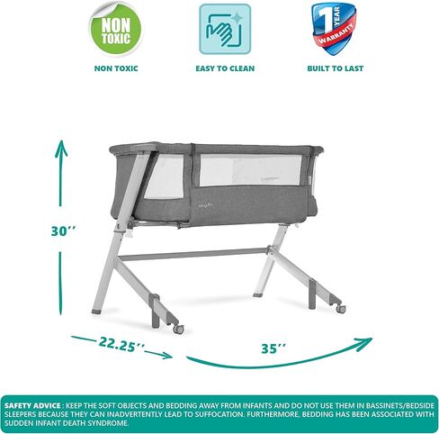 Dream On Me Skylar Bassinet & Bedside Sleeper, Adjustable Height, Grey | Breathable Mesh Sides, Plush Mattress Pad, Wheels with Safety Locks, Compact Fold & Travel Bag Included, BSA Verified in Saudi Arabia