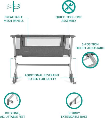 Dream On Me Skylar Bassinet & Bedside Sleeper, Adjustable Height, Grey | Breathable Mesh Sides, Plush Mattress Pad, Wheels with Safety Locks, Compact Fold & Travel Bag Included, BSA Verified in Saudi Arabia