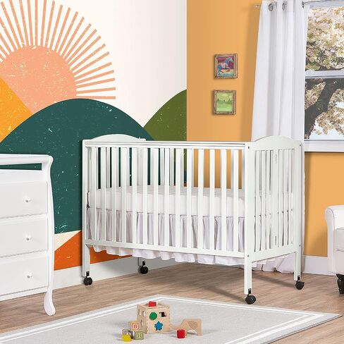 Dream On Me Full Size 2-in-1 Folding Baby Crib, GREENGUARD Gold, White | Compact Patented Quick Folding Design, Portable, Metal Locking Wheels, 2 Adjustable Heights, GREENGUARD Gold & BSA Verified in Saudi Arabia