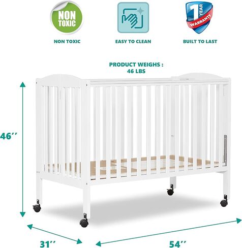 Dream On Me Full Size 2-in-1 Folding Baby Crib, GREENGUARD Gold, White | Compact Patented Quick Folding Design, Portable, Metal Locking Wheels, 2 Adjustable Heights, GREENGUARD Gold & BSA Verified in Saudi Arabia