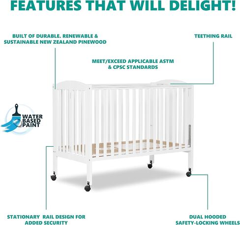 Dream On Me Full Size 2-in-1 Folding Baby Crib, GREENGUARD Gold, White | Compact Patented Quick Folding Design, Portable, Metal Locking Wheels, 2 Adjustable Heights, GREENGUARD Gold & BSA Verified in Saudi Arabia