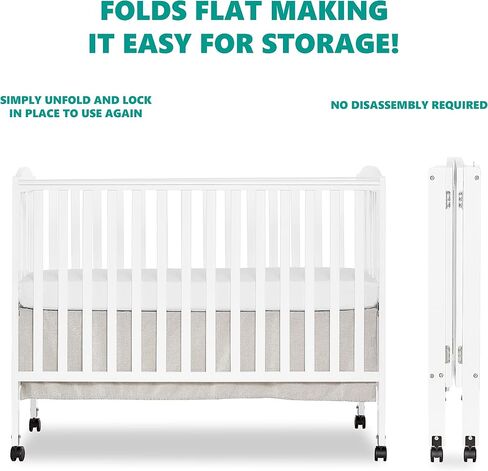 Dream On Me Full Size 2-in-1 Folding Baby Crib, GREENGUARD Gold, White | Compact Patented Quick Folding Design, Portable, Metal Locking Wheels, 2 Adjustable Heights, GREENGUARD Gold & BSA Verified in Saudi Arabia