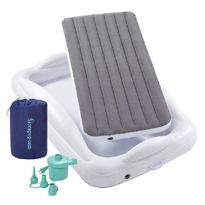 hiccapop Inflatable Toddler Travel Bed with Safety Bumpers [4-Sided] | Portable Toddler Bed for Kids | Toddler Air Mattress | Kids Air Mattress - Navy Blue