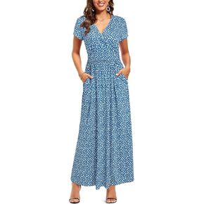 OUGES Womens' V-Neck Pattern Pocket Maxi Long Dress