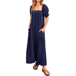 KIRUNDO 2023 Women's Summer Puff Sleeve Square Neck Loose Maxi Dress Pocketed Babydoll Maternity Dress Casual Long Dresses