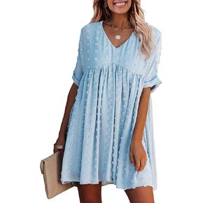 KIRUNDO Short Sleeve Mini V Neck Flowy Casual Swiss Dot Loose Babydoll Short Plus Size Maternity Dress for Women