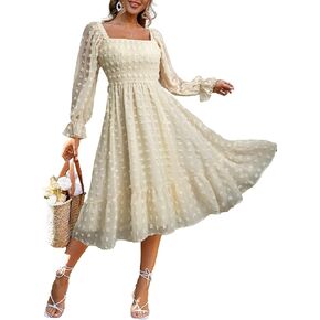 Amegoya Women's Boho Flowy Long Sleeve Square Neck Floral Midi Dress Smocked Spring Fall Wedding Guest Dresses in Saudi Arabia