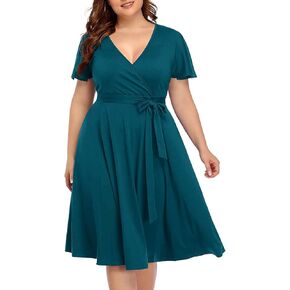 Plus Size Wrap V Neck Midi Casual Wedding Guest Short Flutter Sleeve Summer Dress