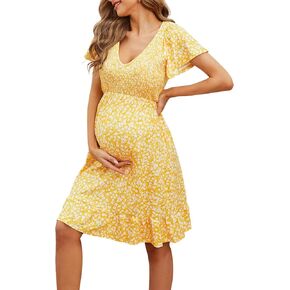 Domee Maternity Dress Floral Print V-Neck Midi A-Line Shirred Short Sleeves Ruffled Flowy Summer Boho Baby Shower Photoshoot