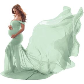 Women Maternity Dress for Photography Mermaid Off Shoulder Slim Fitted Chiffon Gown Flowy Baby Shower Maxi Photo Props Dress in Saudi Arabia
