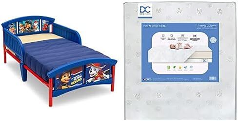 Delta Children Plastic Toddler Bed, Nick Jr. PAW Patrol Twinkle Galaxy Dual Sided Recycled Fiber Core Toddler Mattress (Bundle) in Saudi Arabia