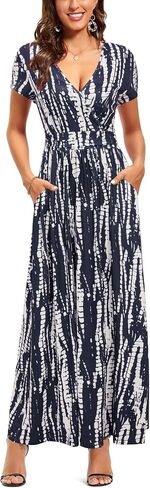 OUGES Womens' V-Neck Pattern Pocket Maxi Long Dress in Kuwait