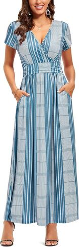 OUGES Womens' V-Neck Pattern Pocket Maxi Long Dress in Kuwait