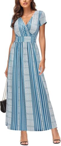 OUGES Womens' V-Neck Pattern Pocket Maxi Long Dress in Kuwait