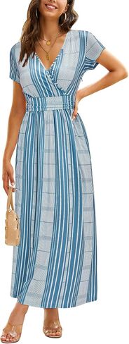 OUGES Womens' V-Neck Pattern Pocket Maxi Long Dress in Kuwait