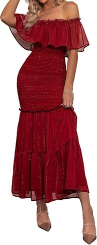 BerryGo Women's Elegant Maternity Off The Shoulder Ruffle Bodycon Maxi Dress Smocked Bridesmaid Wedding Guest Dress in Saudi Arabia