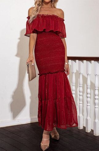 BerryGo Women's Elegant Maternity Off The Shoulder Ruffle Bodycon Maxi Dress Smocked Bridesmaid Wedding Guest Dress in Saudi Arabia