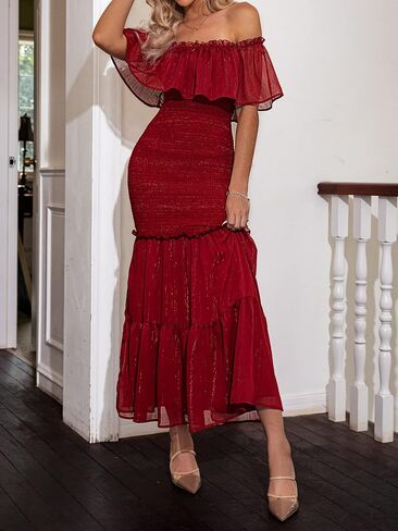 BerryGo Women's Elegant Maternity Off The Shoulder Ruffle Bodycon Maxi Dress Smocked Bridesmaid Wedding Guest Dress in Saudi Arabia