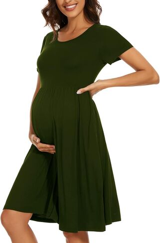Women's Short Sleeve Maternity Dress Patchwork Pregnancy Clothes with Pockets in Kuwait