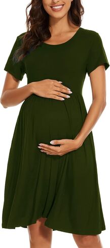 Women's Short Sleeve Maternity Dress Patchwork Pregnancy Clothes with Pockets in Kuwait