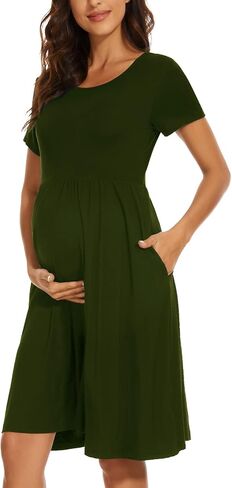 Women's Short Sleeve Maternity Dress Patchwork Pregnancy Clothes with Pockets in Kuwait